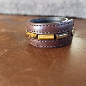 YSL Rive Gauche brown leather bracelet cuff with 9 tiger's eye stones/beads EUC!